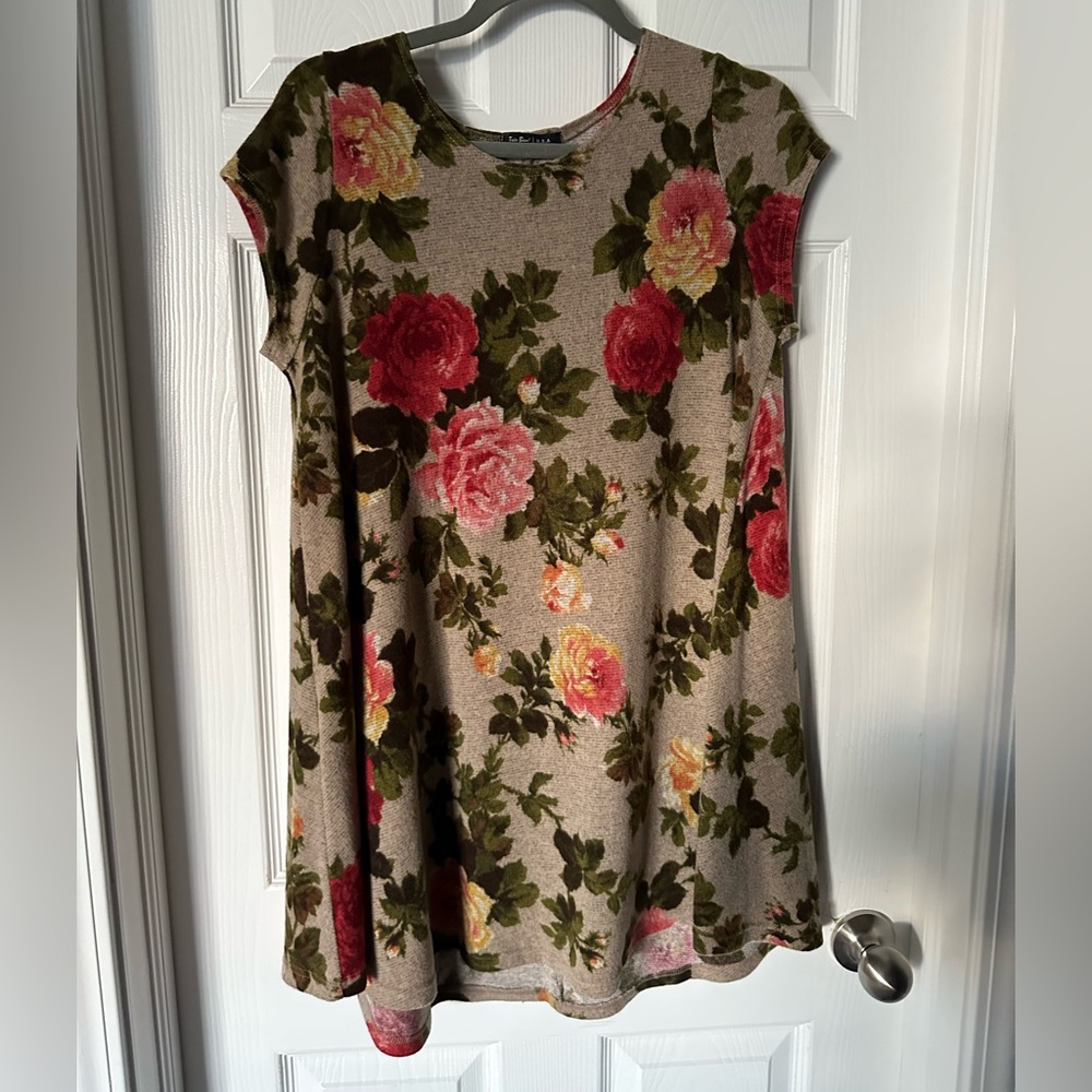 Beige and floral mini dress.